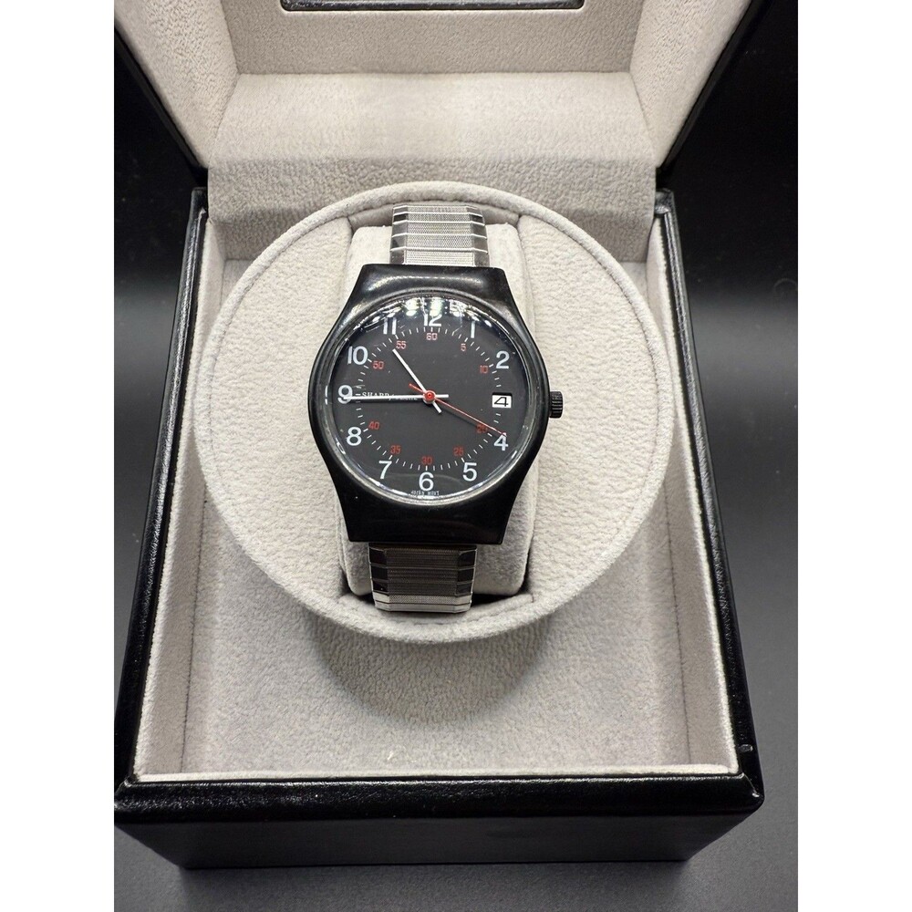 SHARP Men’s Quartz Watch Black Dial Date Speidel USA Stretch Band